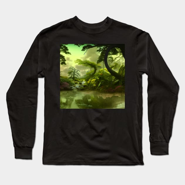 Digital Painting Scene Of a Realistic Jungle and Lake, Amazing Nature Long Sleeve T-Shirt by Promen Art